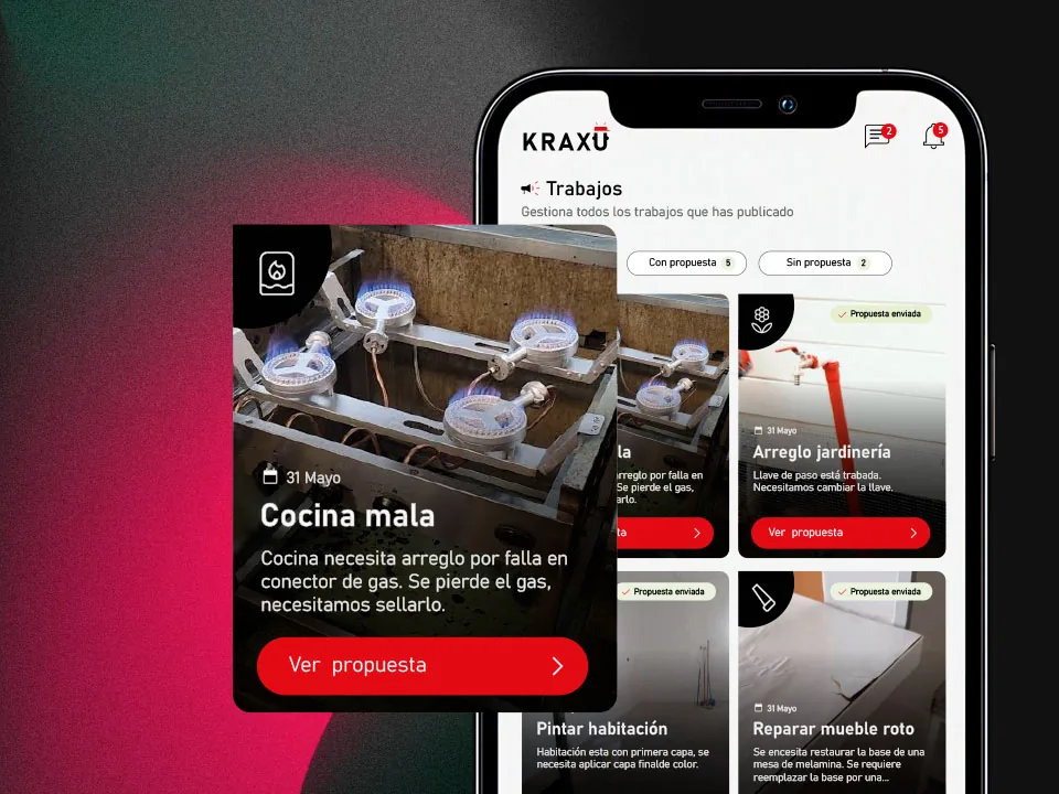 Pantalla de trabajos publicados en la app, cada uno con su foto y su descripción