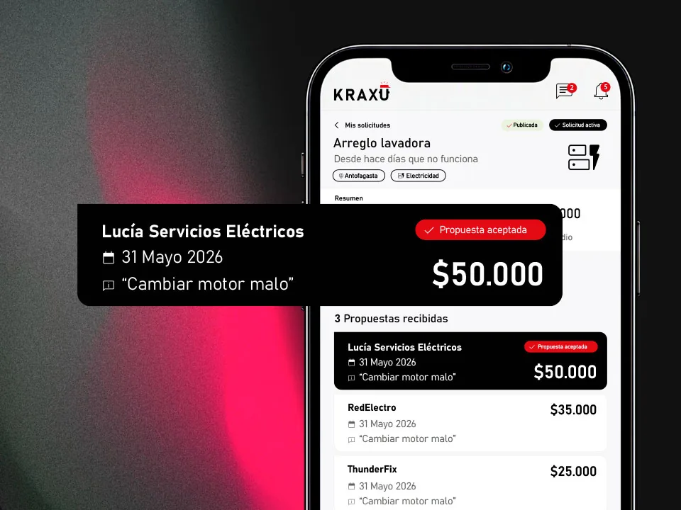Pantalla con tres propuestas recibidas para arreglar una lavadora, de $25.000 a $50.000