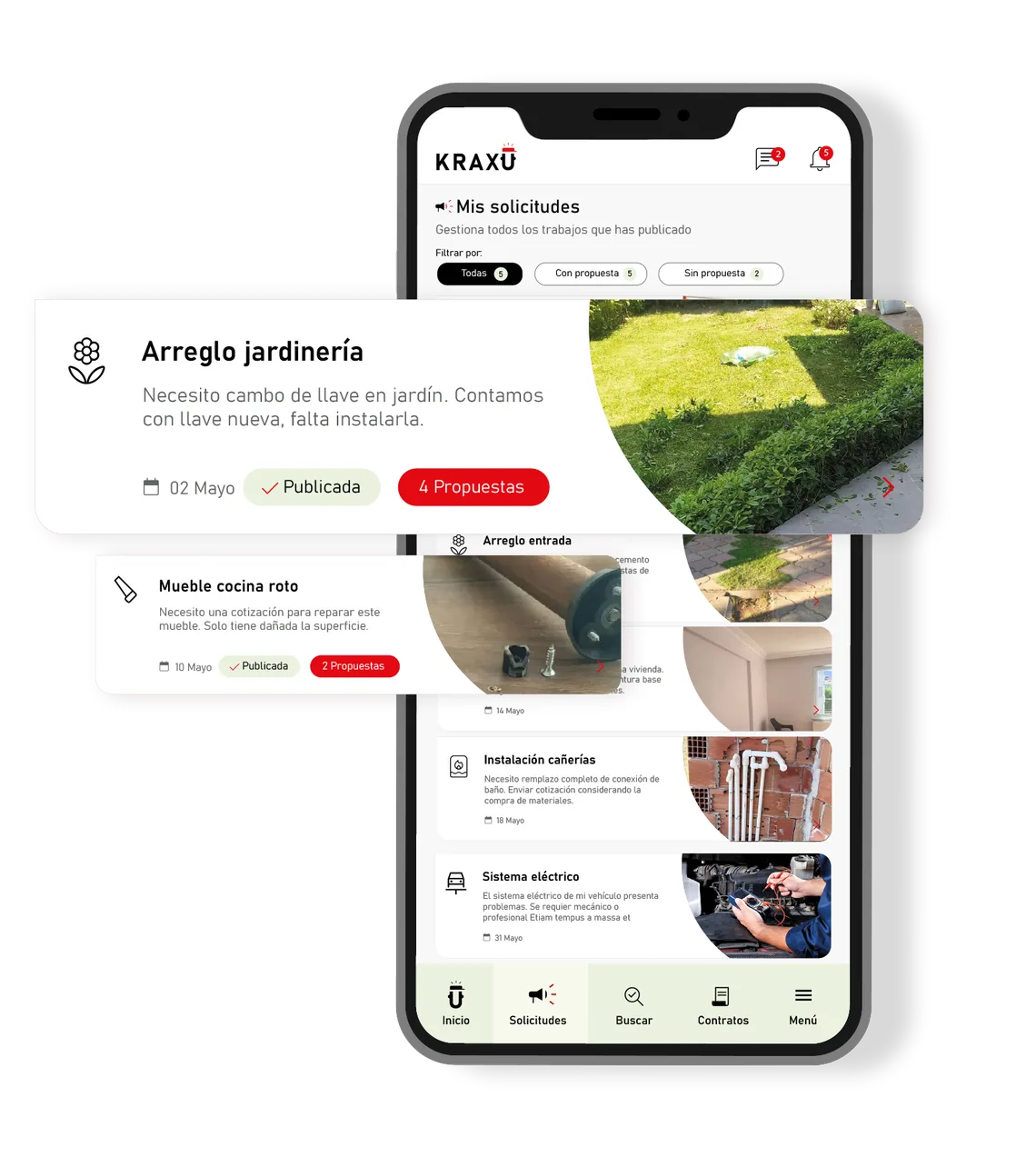 Pantalla Mis solicitudes de la app, con los trabajos publicados y sus fotos